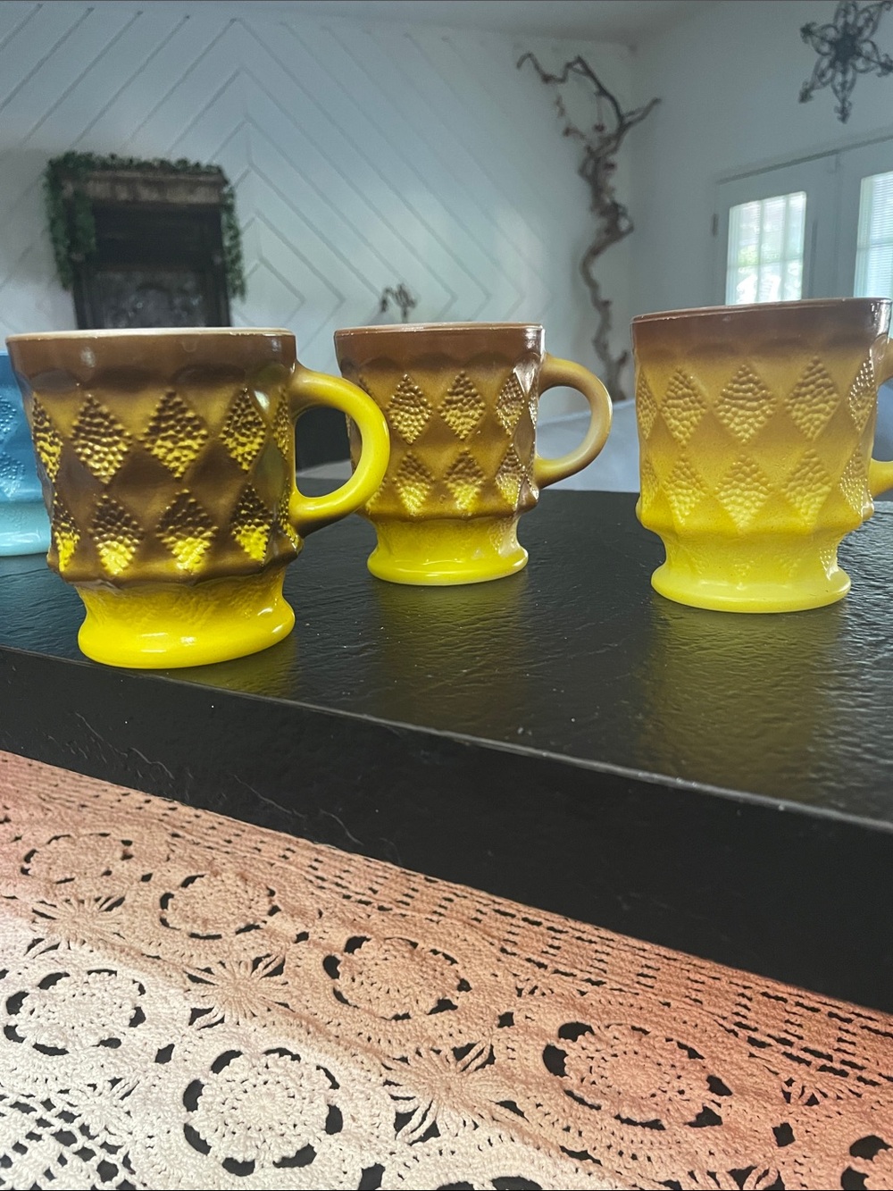 Fire King Kimberly Tan and Yellow Diamond Textured Ceramic Pedestal Mug-Set of 3 - Picture 3 of 7